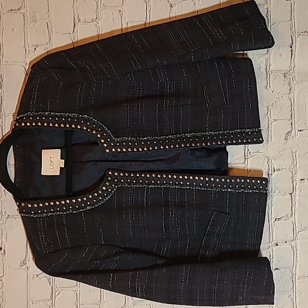 Black Size 4 LOFT Cropped Jacket Silver Stud Trimmed Tweed